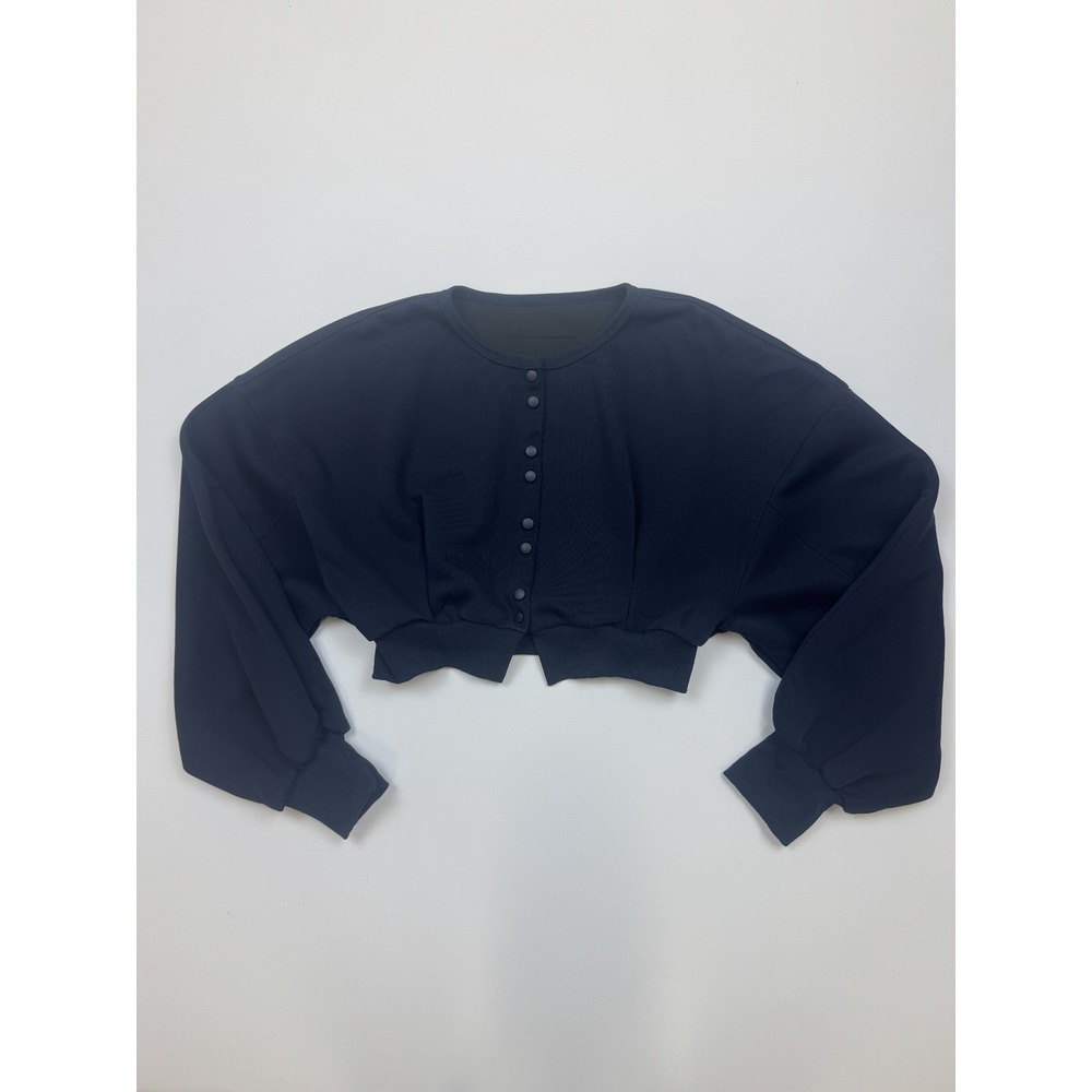 Latte Cropped Button-Front Balloon Sleeve Sweatshirt Navy - Picture 3 of 8